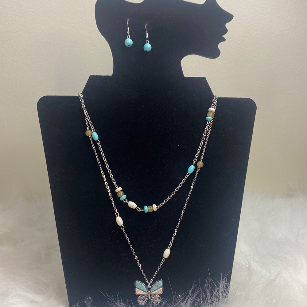 Butterfly 2 Tier Necklace/charm and Earrings Set - Picture 1 of 4